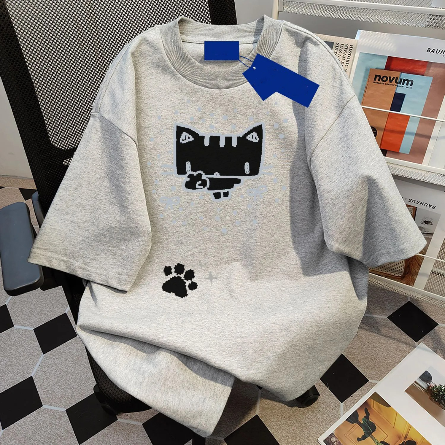 貓咪印花休閒百搭圓領情侶款純棉短袖T恤-vivivale