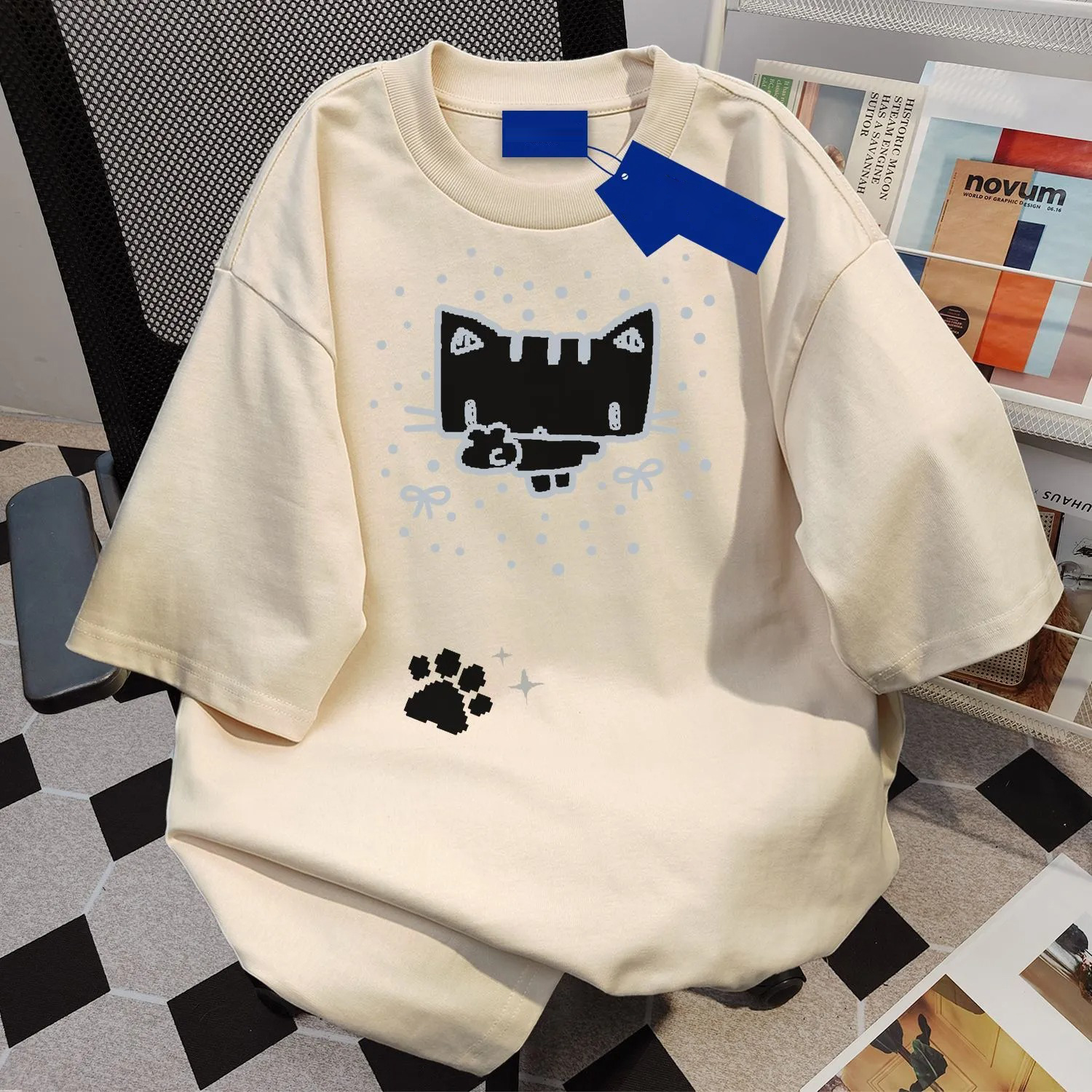 貓咪印花休閒百搭圓領情侶款純棉短袖T恤-vivivale