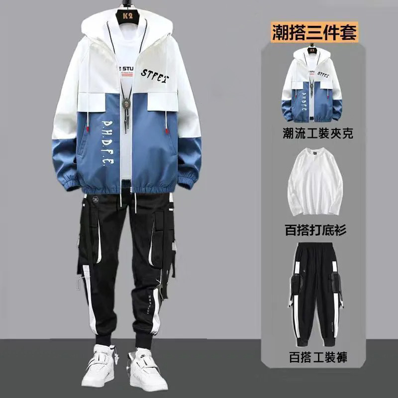 【單件/套裝】連帽帥氣潮牌夾克+百搭長袖T恤+撞色拼接工裝褲三件套套裝-vivivale