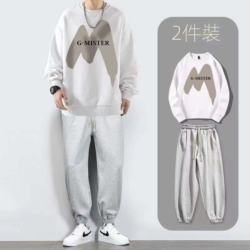 【單件/套裝】帥氣潮流圓領印花长袖T恤+休閒九分束脚褲兩件套