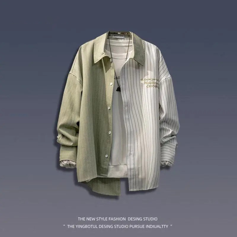 潮流不對稱長袖條紋撞色拼接襯衫-vivivale