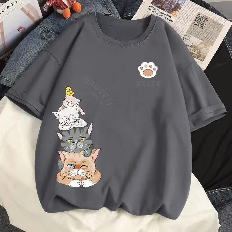百搭情侶款可愛潮流貓咪印花短袖T恤-vivivale