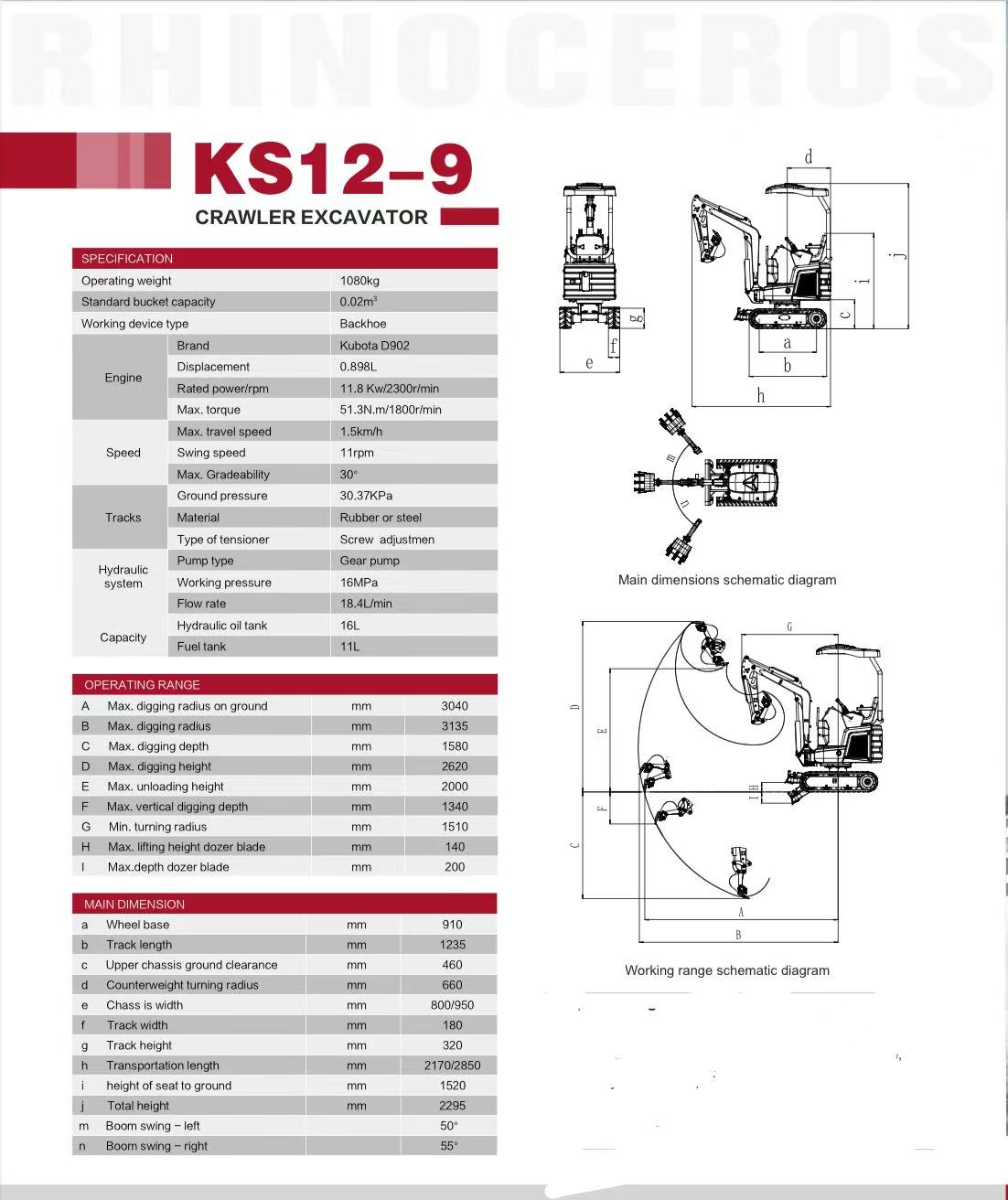 Mini crawler multi-functional excavator, with a self-weight of 1.2T / XN12-9