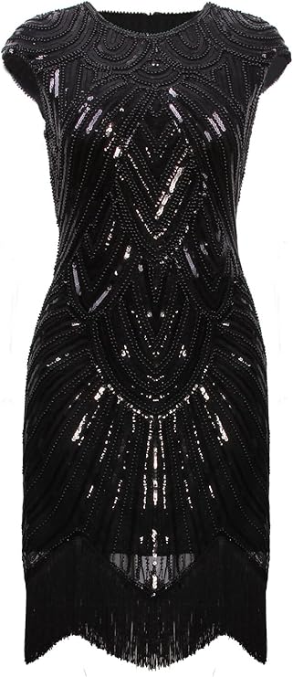 Ladies Black Gatsby Sequin Flapper 1920s Charleston Dress