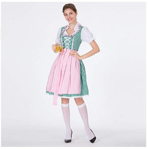 Womens Oktoberfest Bavarian Beer Maid Vintage Green Checked Dress Costume - Costume Works AU