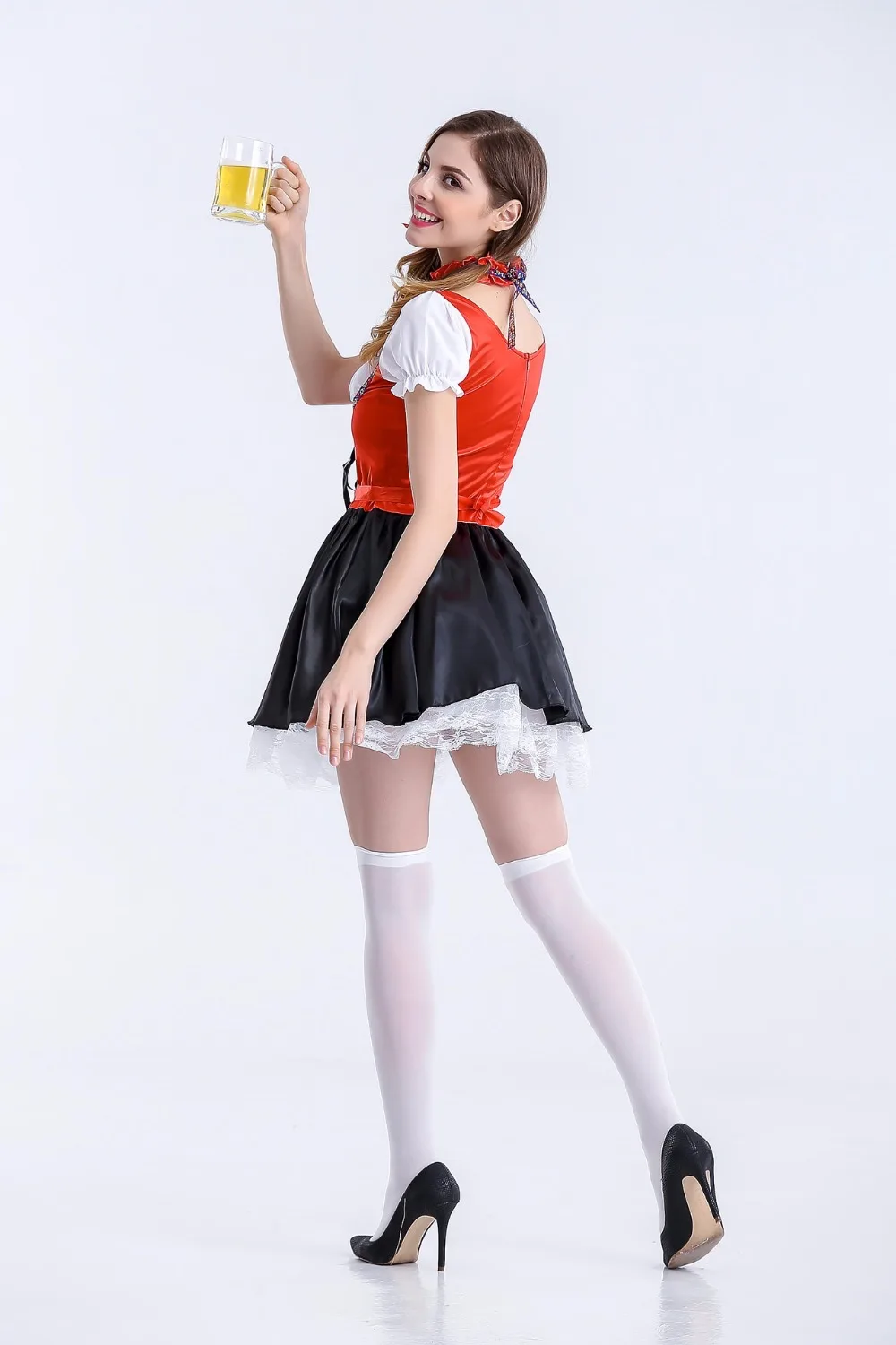 Womens Oktoberfest Bavarian Beer Maid Satin Red and Black Petticoat Dress Costume