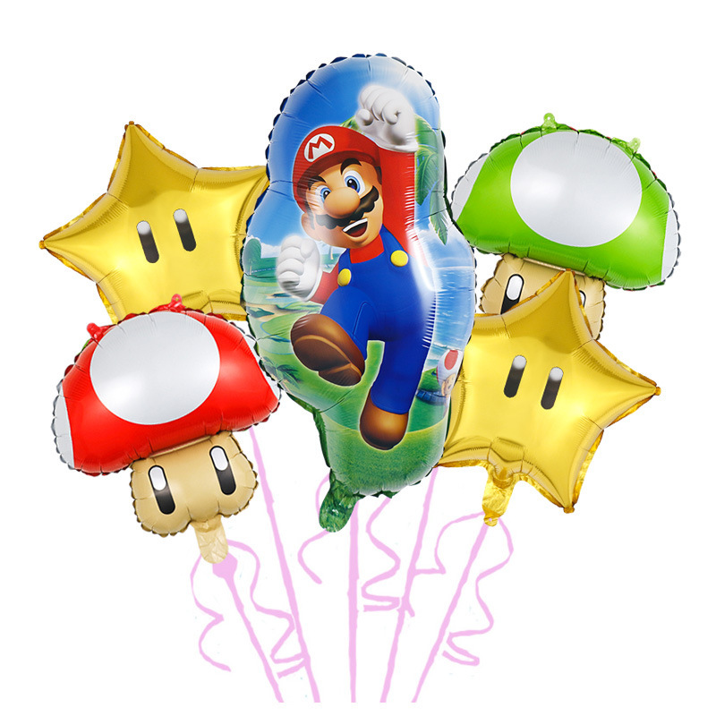 5PC Super Mario Bros Star Mushroom Foil Balloon Bouquet