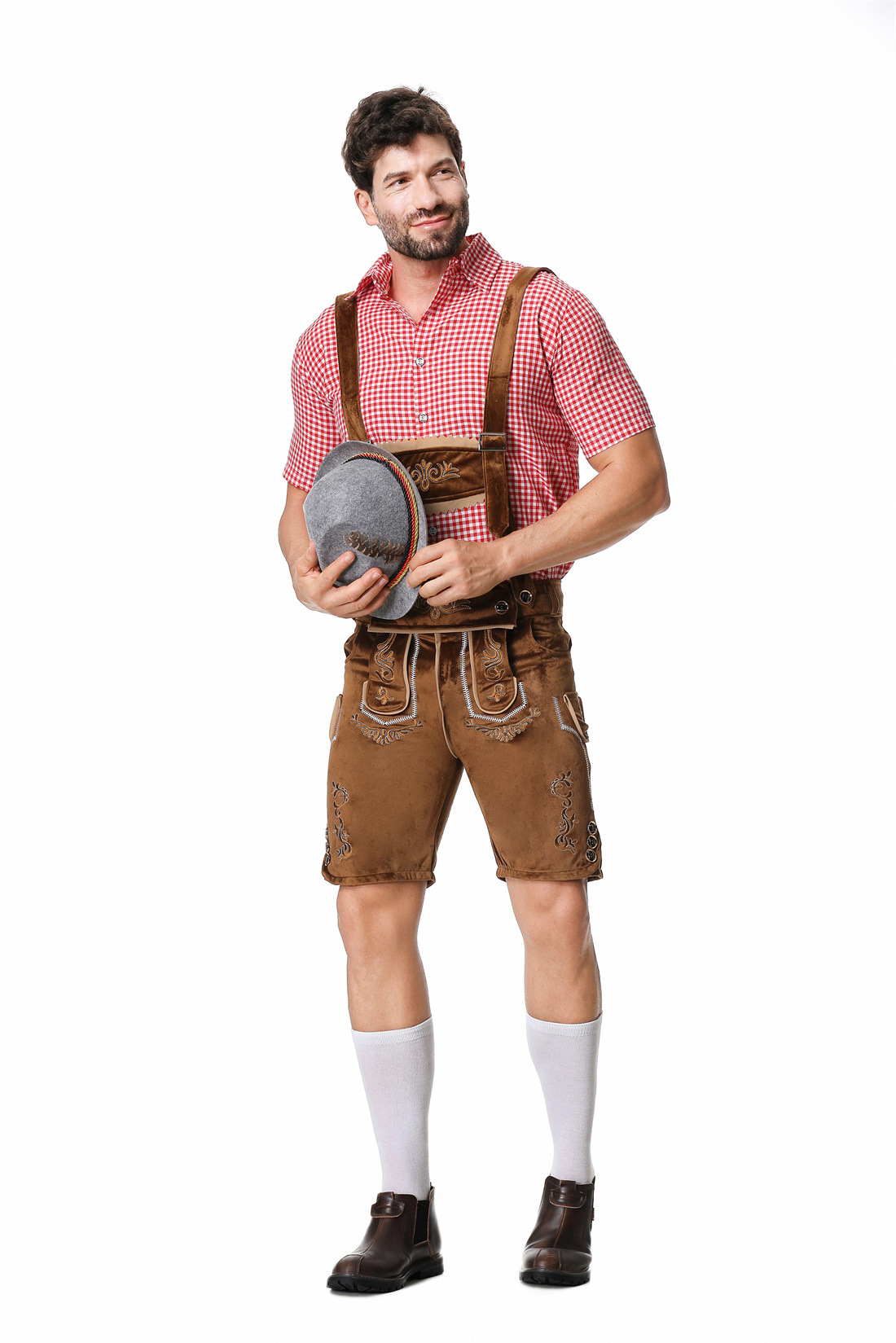 Mens Oktoberfest Red Brown Lederhosen Faux Leather Bavarian Costume