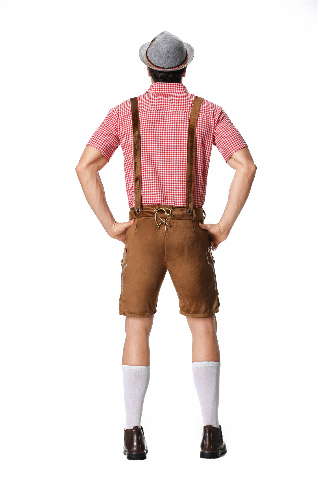 Mens Oktoberfest Red Brown Lederhosen Faux Leather Bavarian Costume