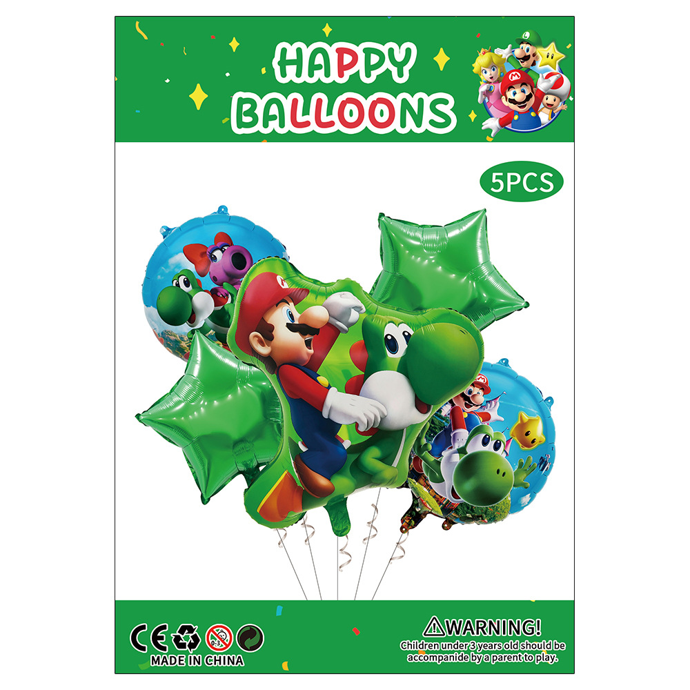 5PC Super Mario Bros Yoshi Foil Balloon Bouquet