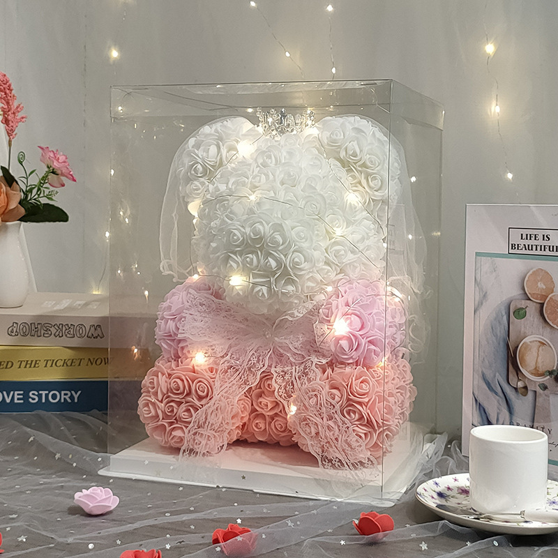 Pink Hombre White Flower Teddy Bear with LED Light and Gift Box 25cm