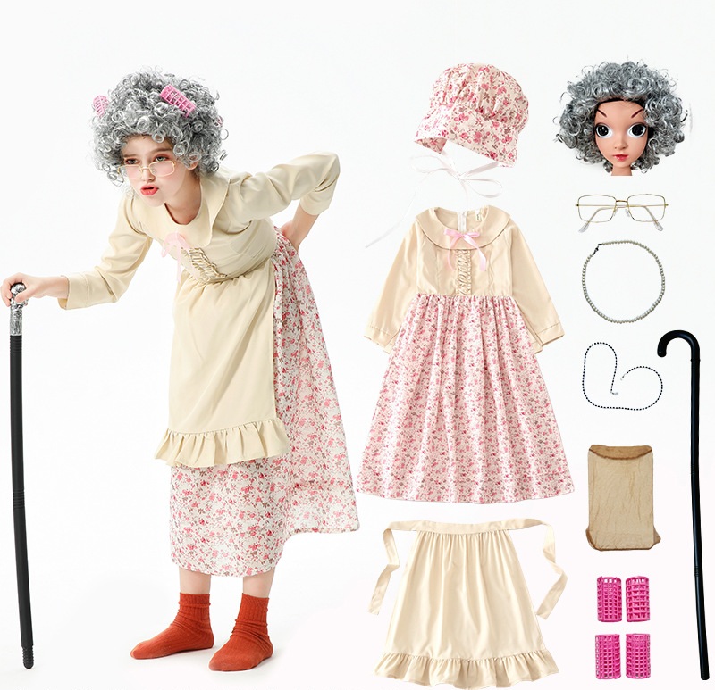 Girls Beige Old Lady Granny Costume