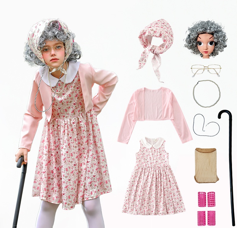 Girls Pink Old Lady Granny Costume