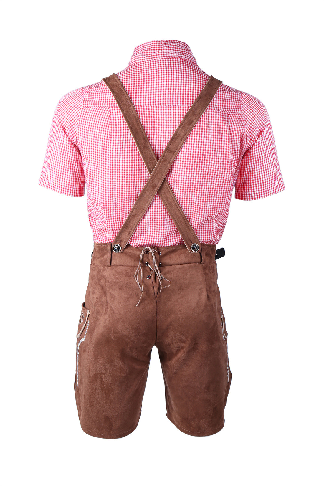 Mens Oktoberfest Red Brown Lederhosen Faux Leather Bavarian Costume