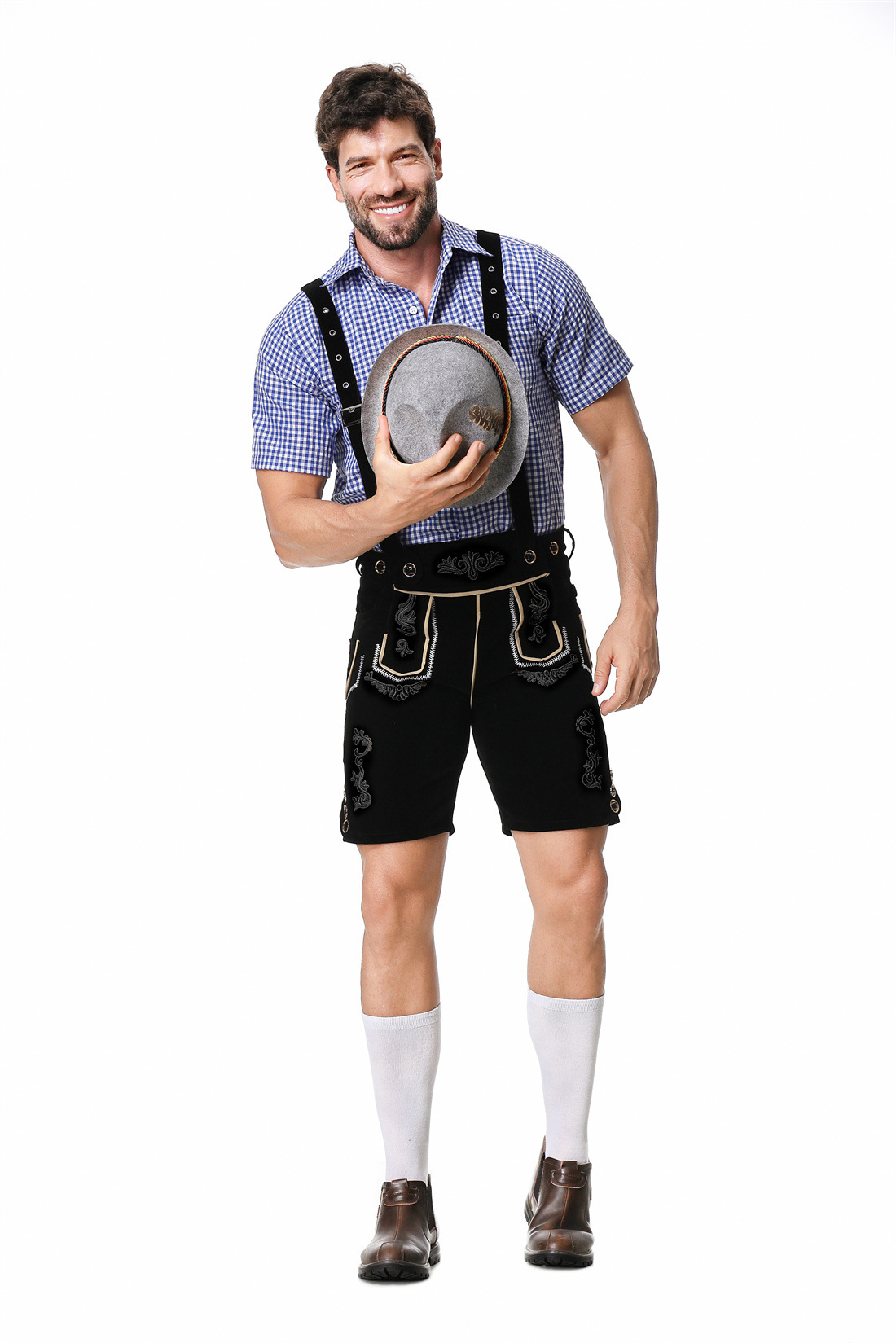 Mens Oktoberfest Blue Black Lederhosen Faux Leather Bavarian Costume