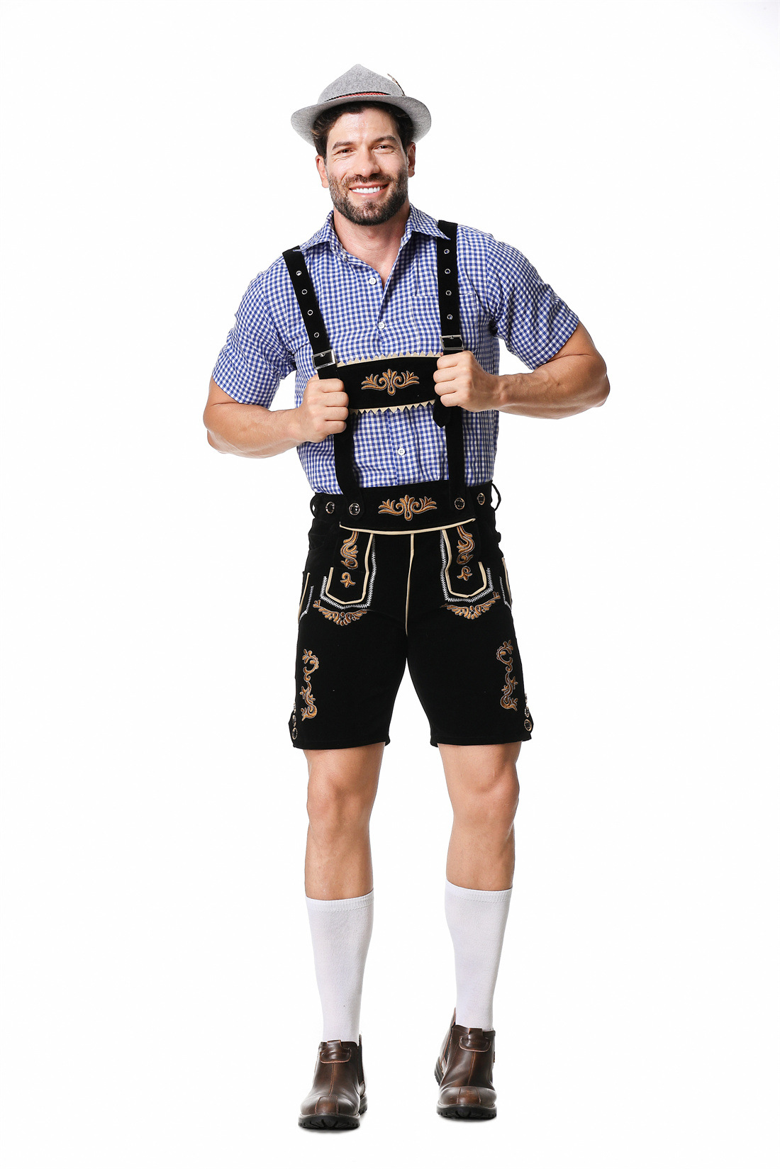 Mens Oktoberfest Blue Black Lederhosen Faux Leather Bavarian Costume