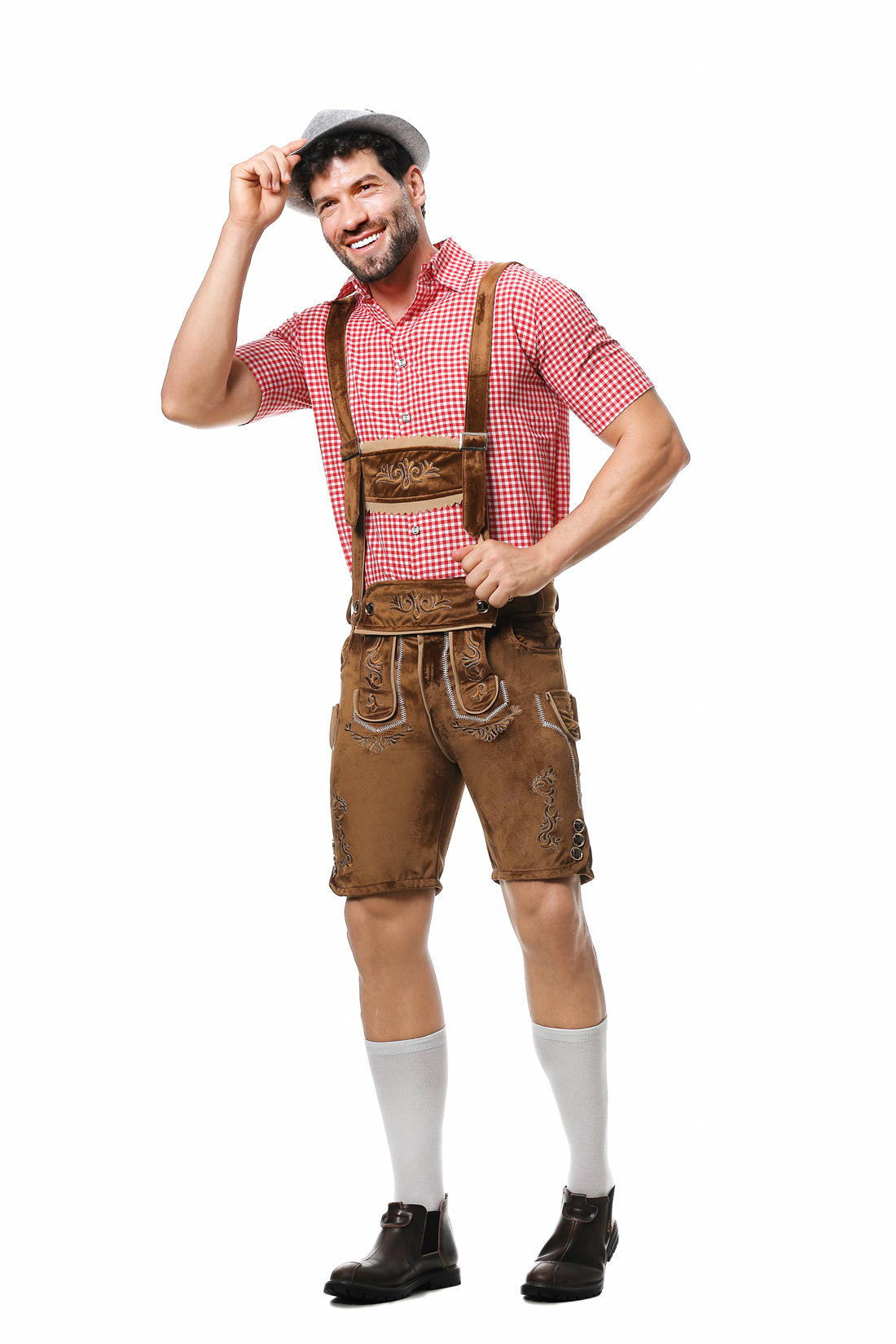 Mens Oktoberfest Red Brown Lederhosen Faux Leather Bavarian Costume