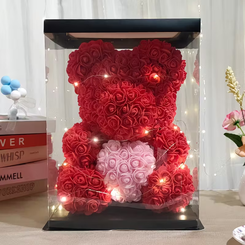 Red Rose Pink Heart Flower Teddy Bear with LED Light and Gift Box 25cm