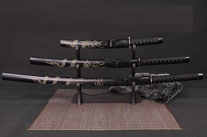 Black Japanese Samurai Sword 3PC Set with Stand - Costume Works AU