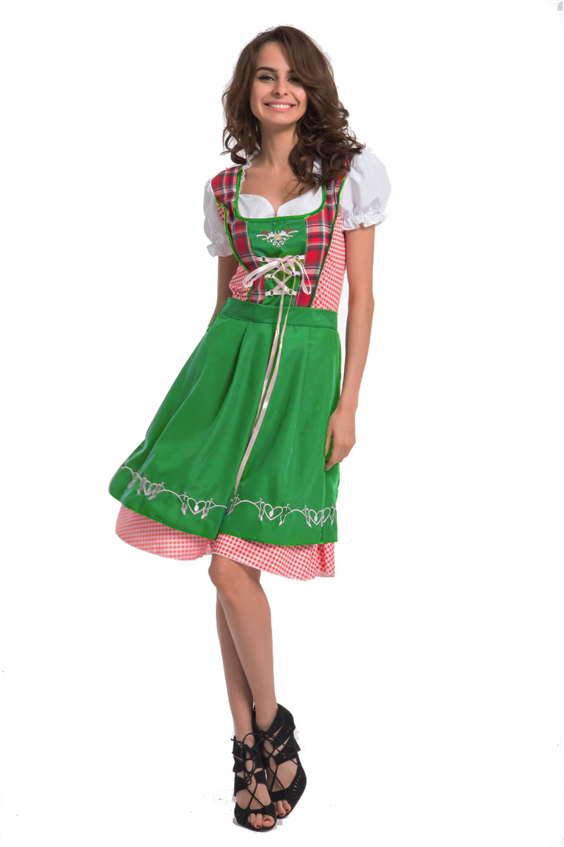 Womens Oktoberfest Beer Maid Red Checked Green Apron Dress Costume