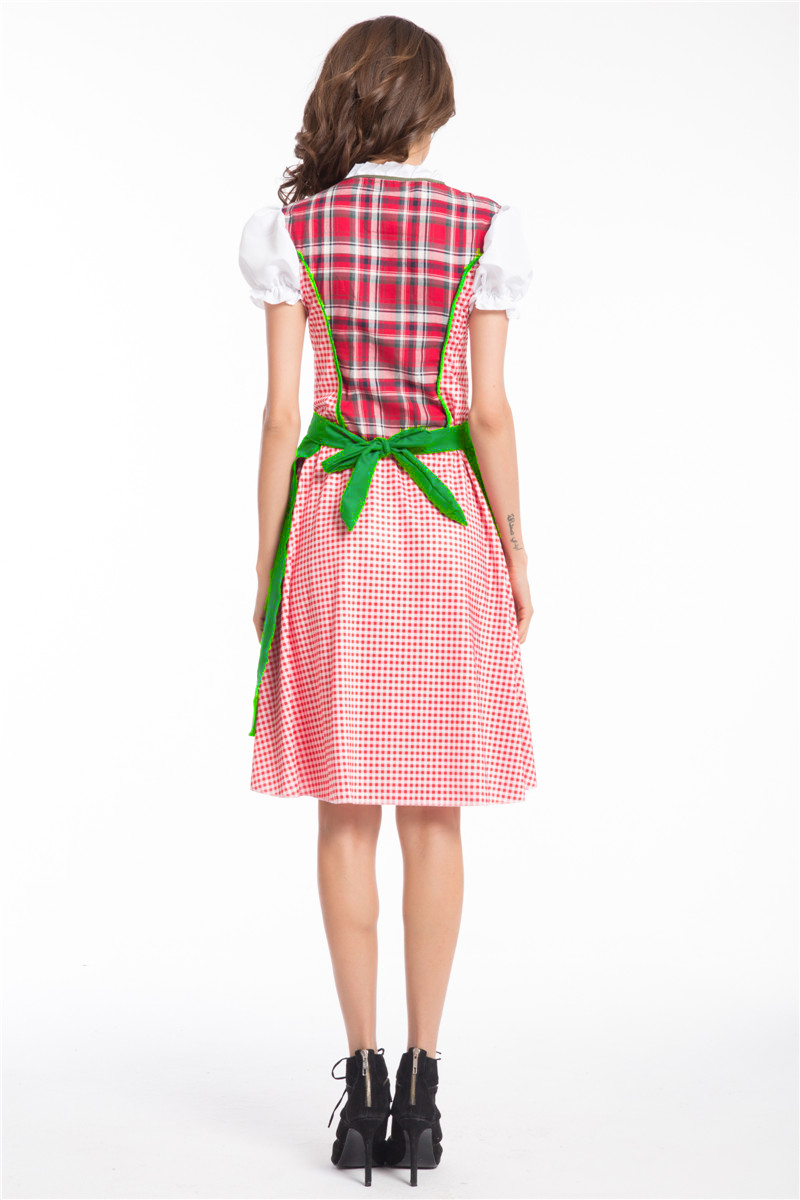 Womens Oktoberfest Beer Maid Red Checked Green Apron Dress Costume