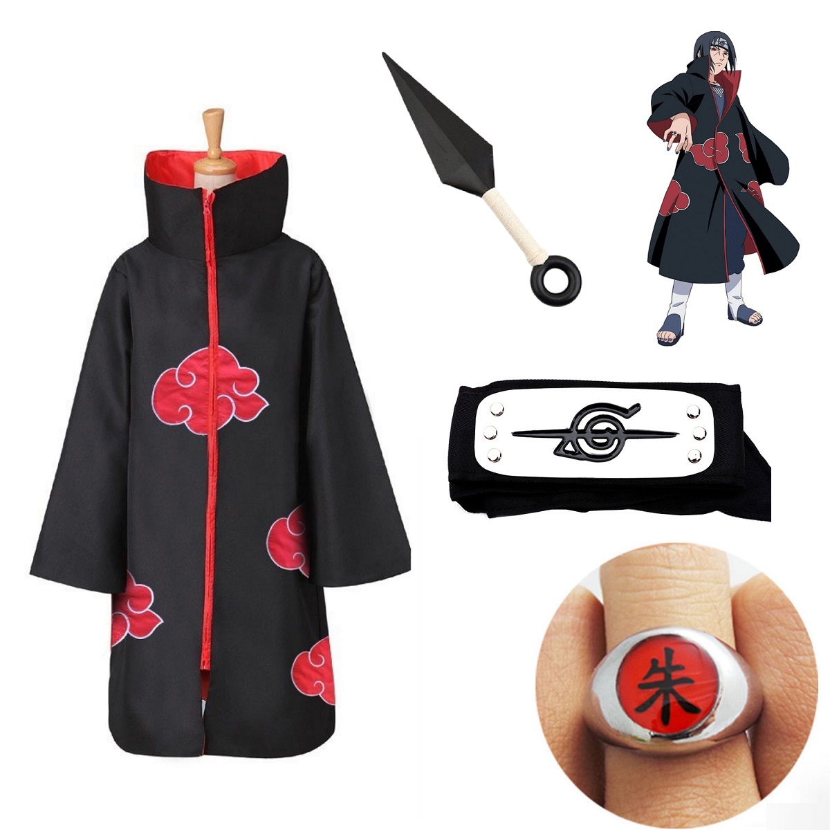 4PC Naruto Akatsuki Robe Cloak Anime Costume Cosplay