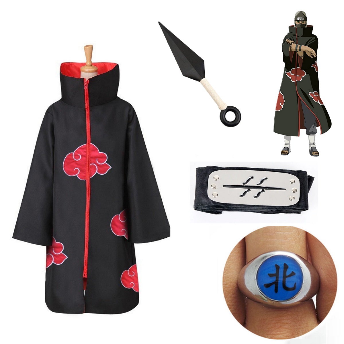 4PC Naruto Akatsuki Robe Cloak Anime Costume Cosplay