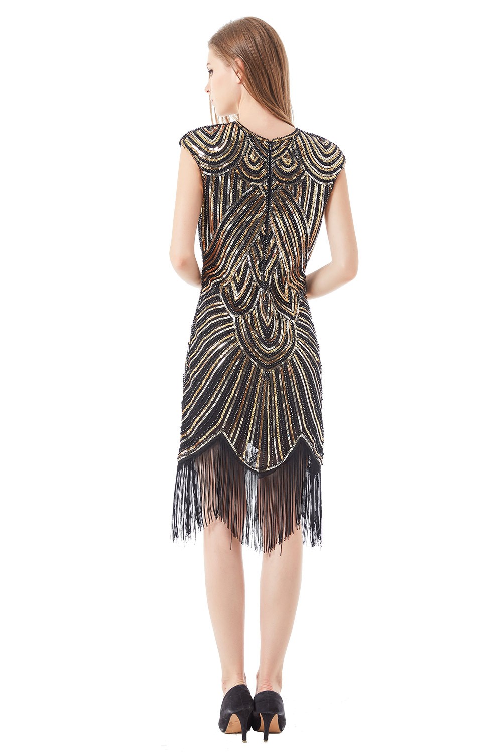 Ladies Black Gold Gatsby Sequin Flapper 1920s Charleston Dress