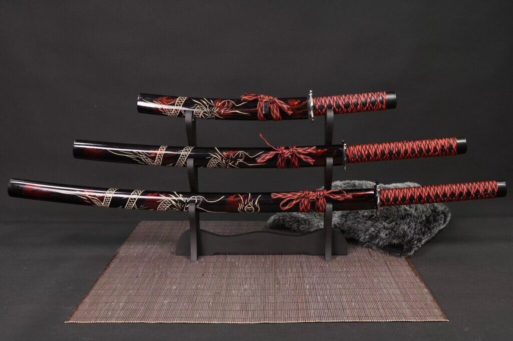 Red Japanese Samurai Sword 3PC Set with Stand - Costume Works AU