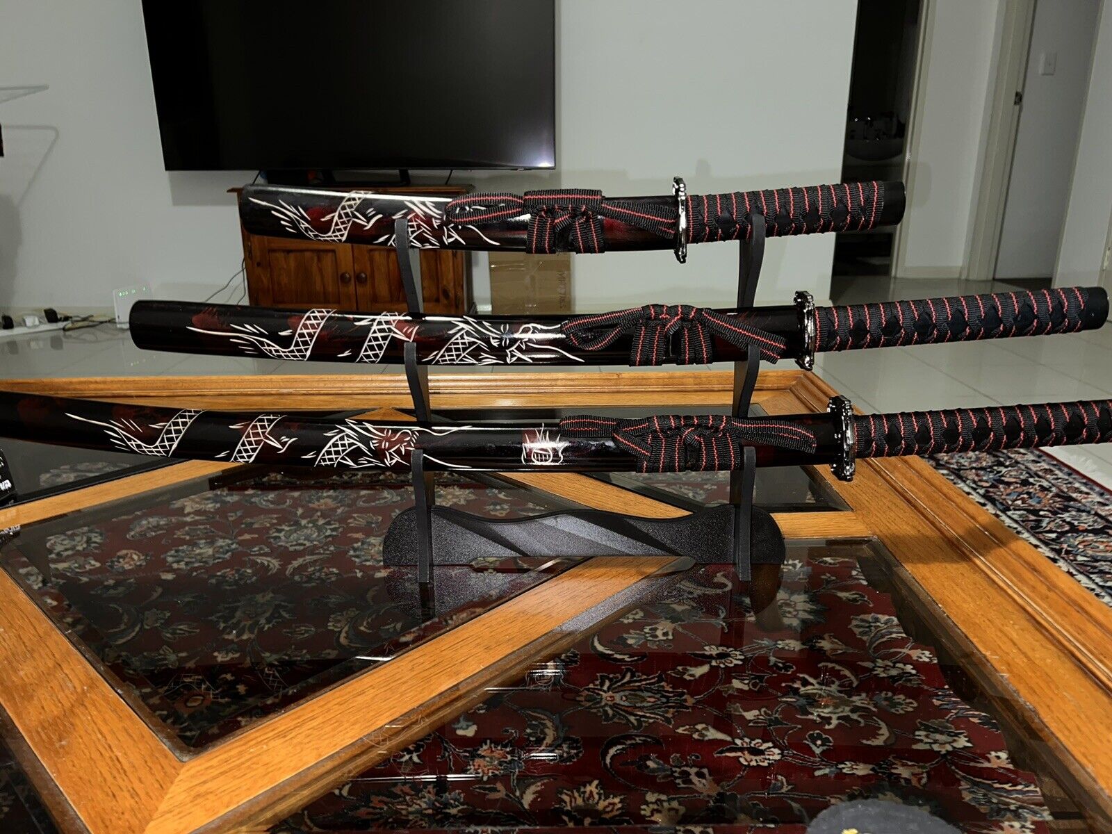 Red Japanese Samurai Sword 3PC Set with Stand