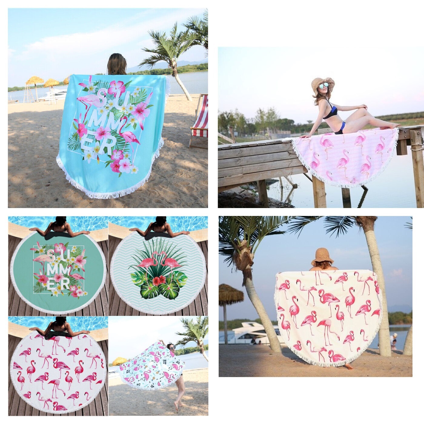 Round Flamingo Mandala Throw Blanket Beach Towel