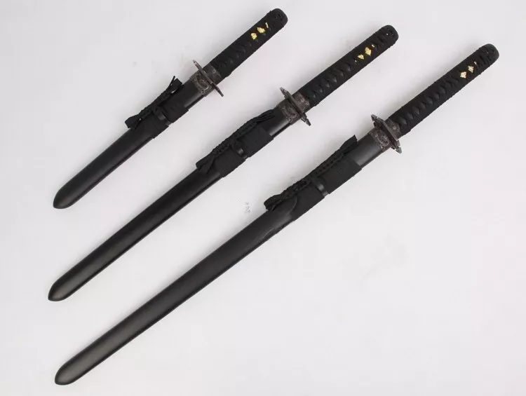 3PC Dragon Matte Black Straight Japanese Samurai Katana Sword Set with Stand