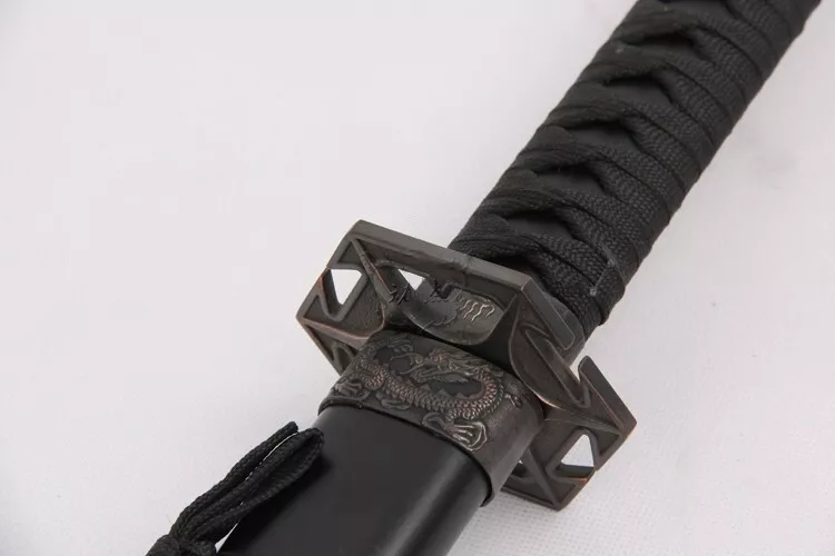 3PC Dragon Matte Black Straight Japanese Samurai Katana Sword Set with Stand
