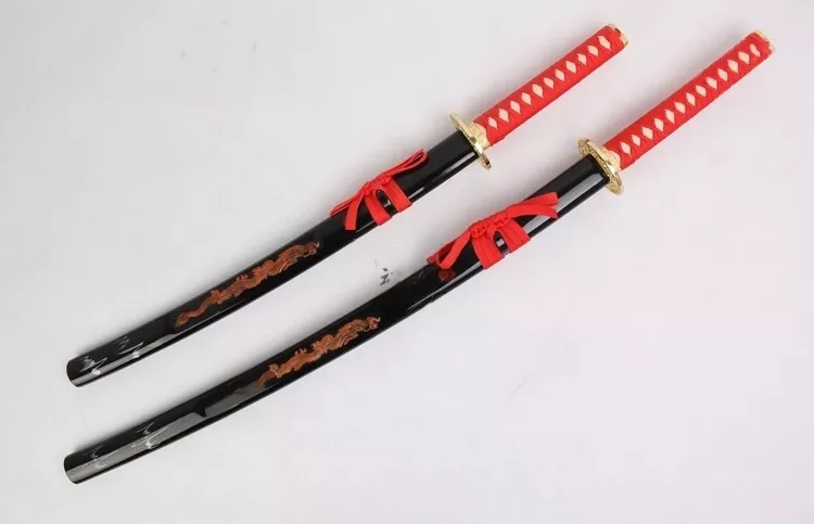2PC Red Holographic Silver Dragon Japanese Samurai Katana Sword Set with Stand