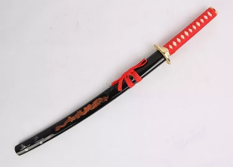 2PC Red Holographic Silver Dragon Japanese Samurai Katana Sword Set with Stand