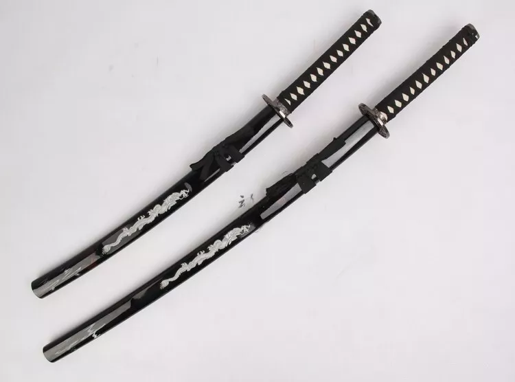 2PC Black Holographic Japanese Samurai Katana Sword Set with Stand