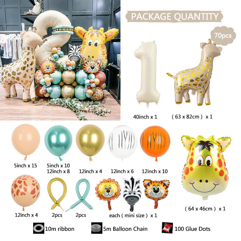 70PC Safari Animal Theme Foil Balloon Set Birthday Decoration Ages 1-3
