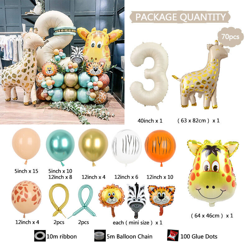 70PC Safari Animal Theme Foil Balloon Set Birthday Decoration Ages 1-3