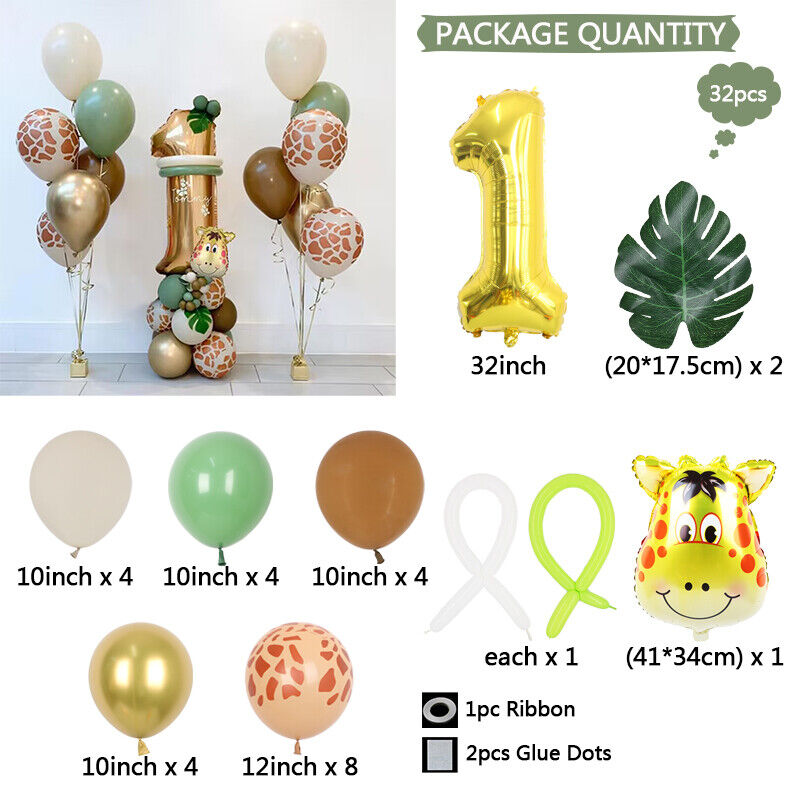 32PC Giraffe Jungle Safari Foil Balloon Set Birthday Decoration Ages 1-3