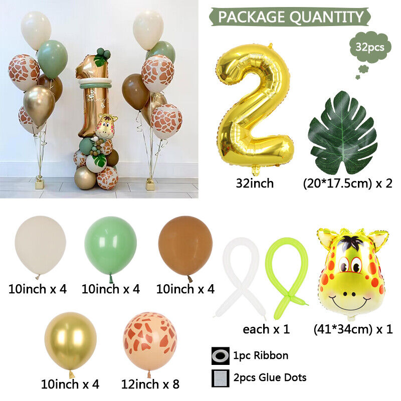 32PC Giraffe Jungle Safari Foil Balloon Set Birthday Decoration Ages 1-3