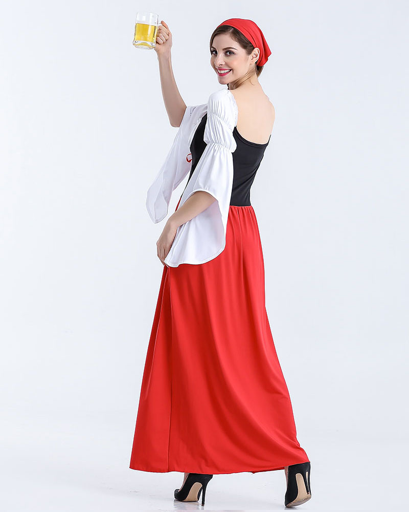 Womens Oktoberfest Bavarian Beer Wench Maid Long Red Dress Costume - Costume Works AU