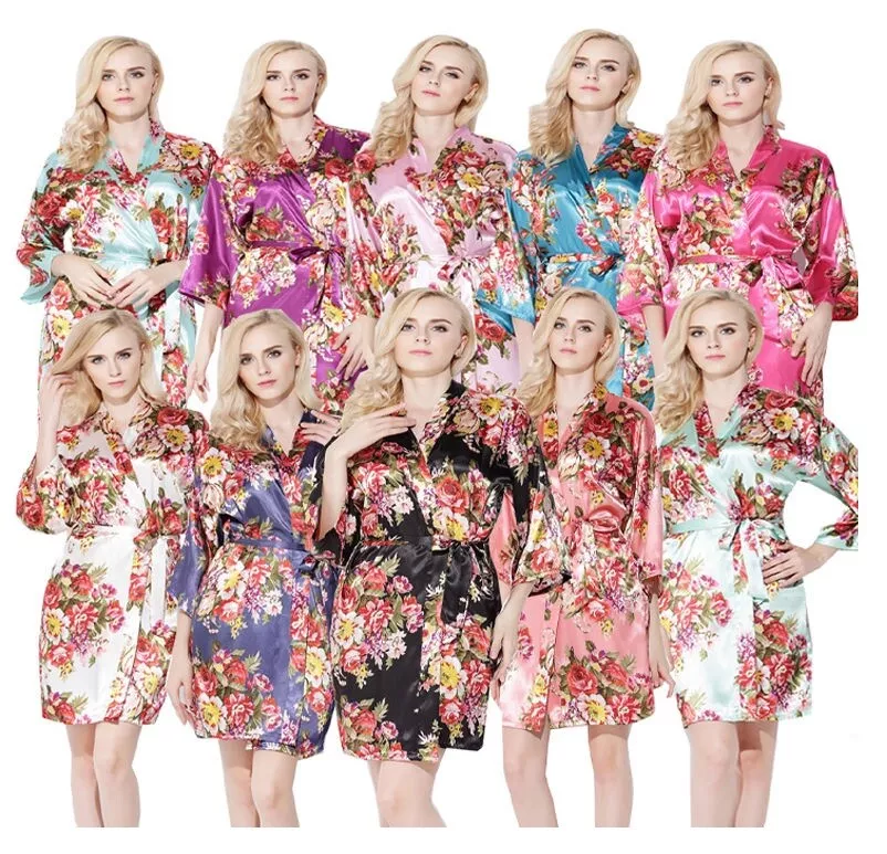 Floral Satin Wedding Bridal Robe Sleepwear Dressing Gown