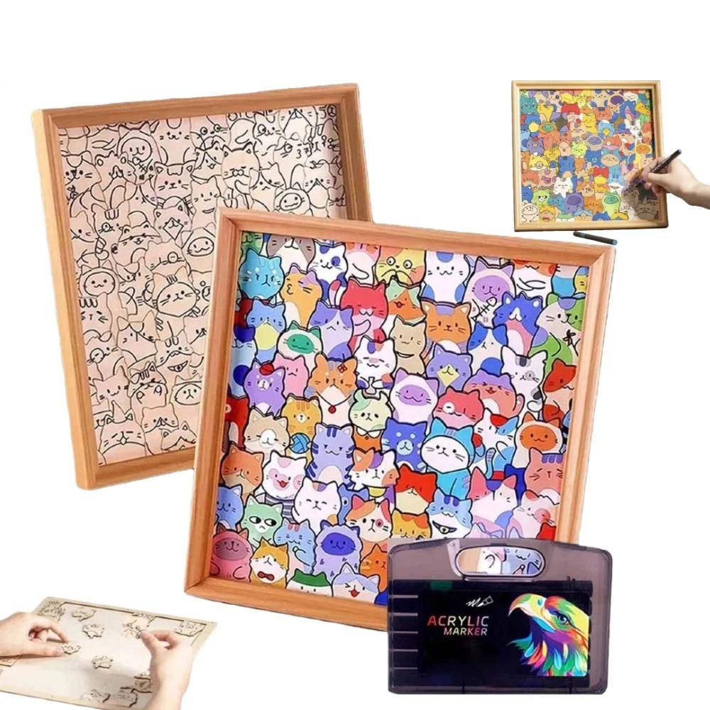 DIY Wooden Coloring Cat Puzzle with Frame & Markers Xmas Gift