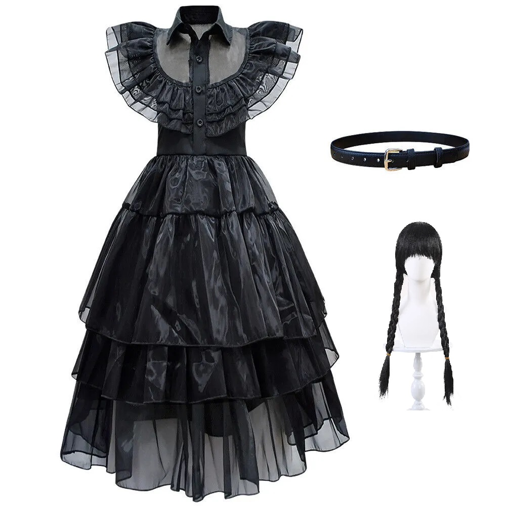 Wednesday Addams Black Prom Tulle Costume Dress Wig Cosplay