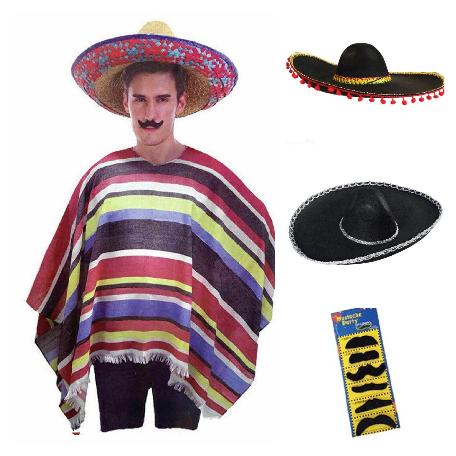 Mexican Costume Poncho Sombrero Set Spanish Wild West Fancy Dress Cosplay-Costume Works AU