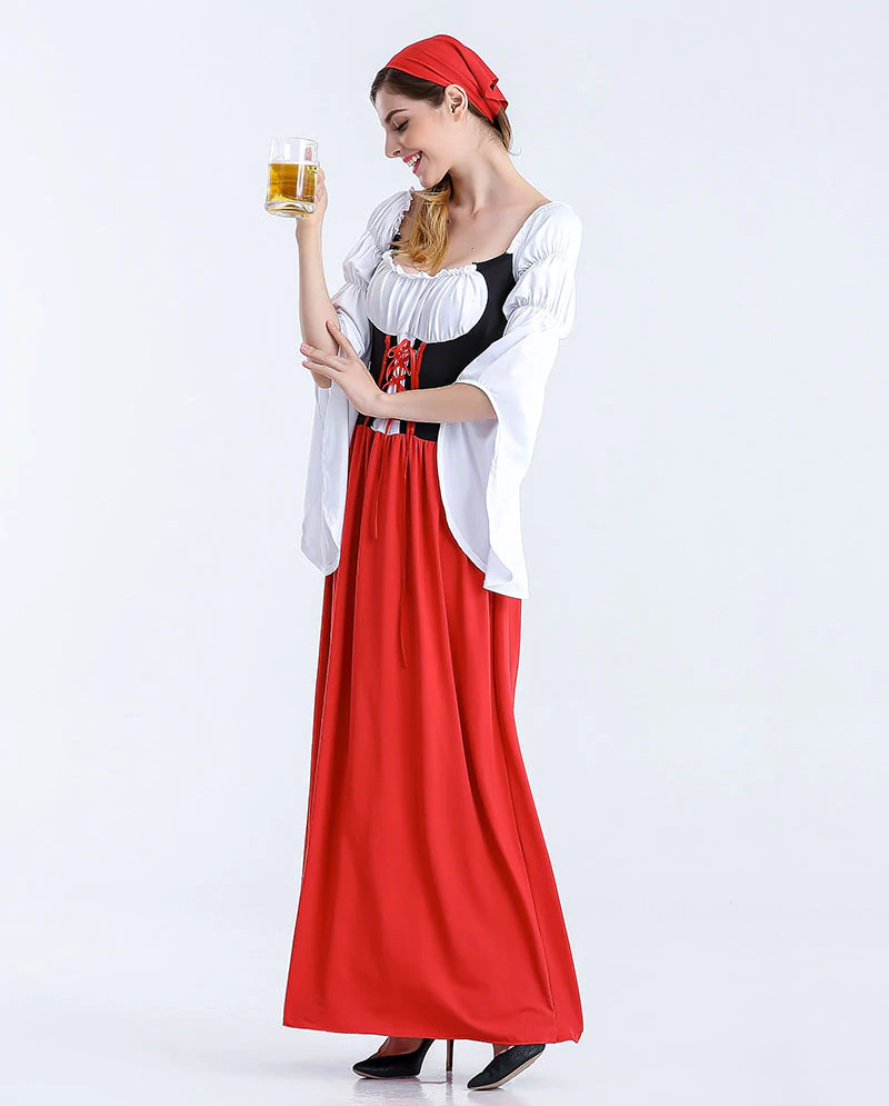 Womens Oktoberfest Bavarian Beer Wench Maid Long Red Dress Costume - Costume Works AU