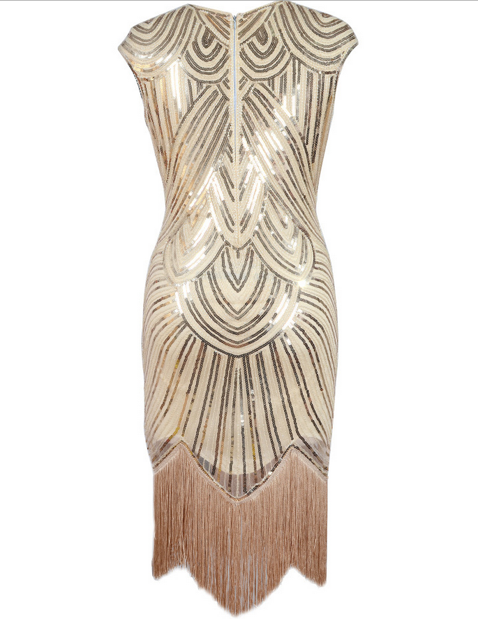 Ladies Beige Gatsby Costume Sequin Flapper 1920s Charleston Fancy Dancer Party Dress