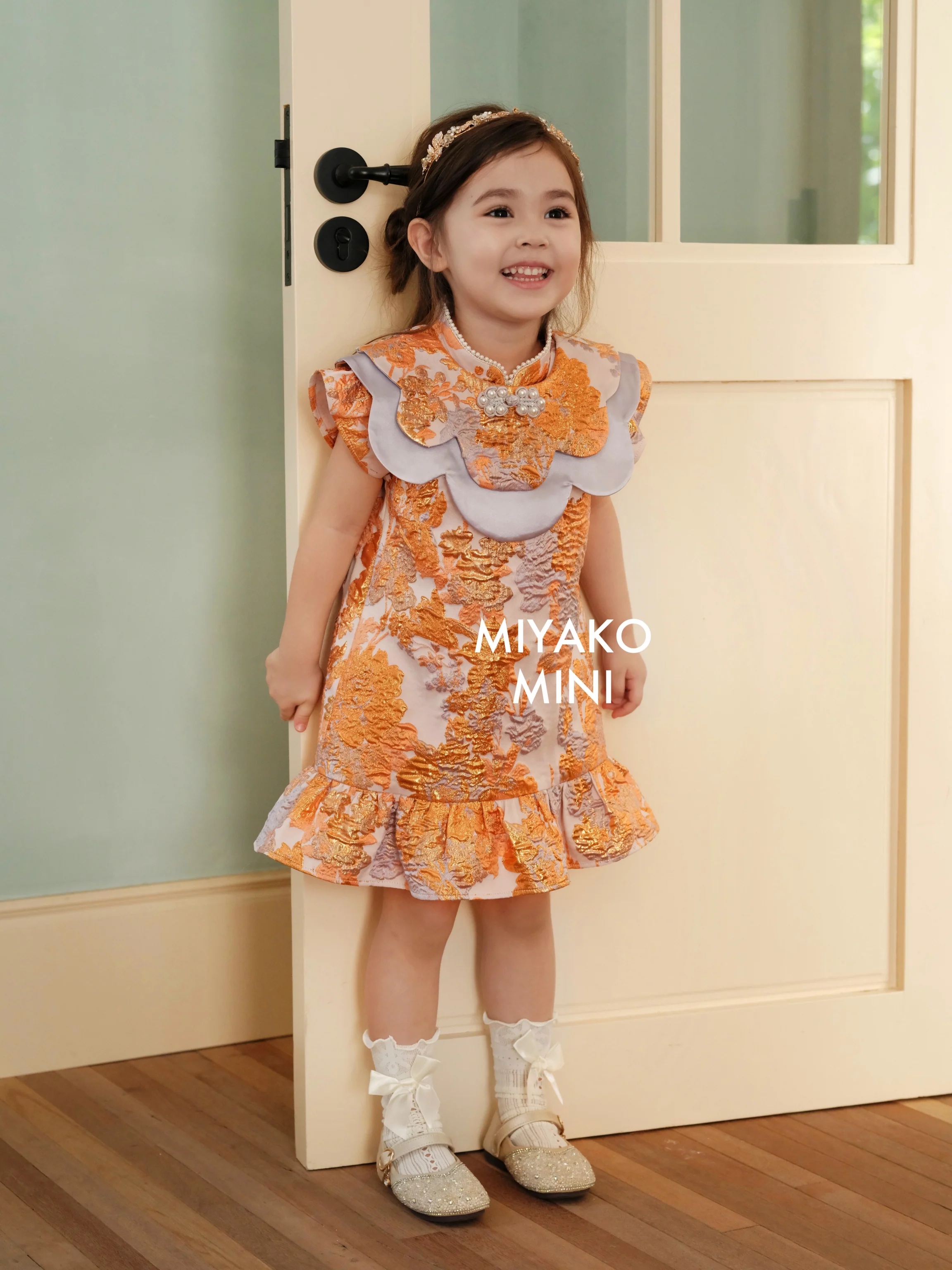 【Miyako-家族荣耀】Glory Cheongsam Girl Dress in Orange 橘色小女孩连身裙