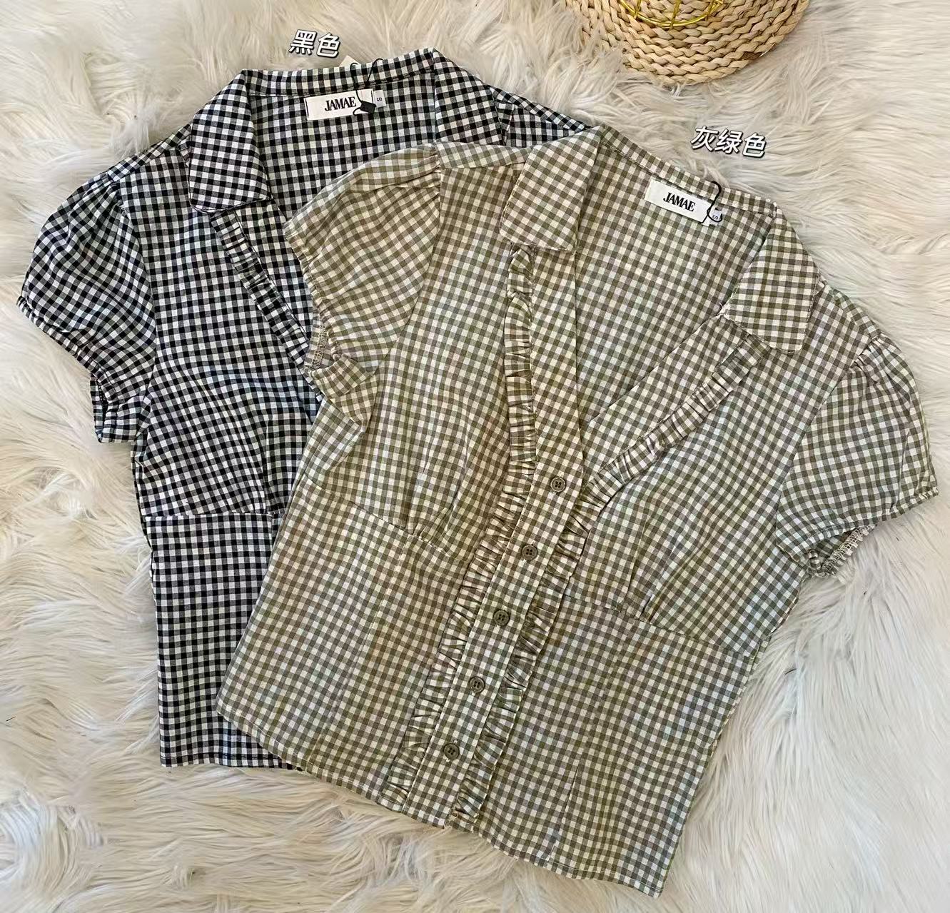韩系复古格子木耳边设计衬衫🥰 