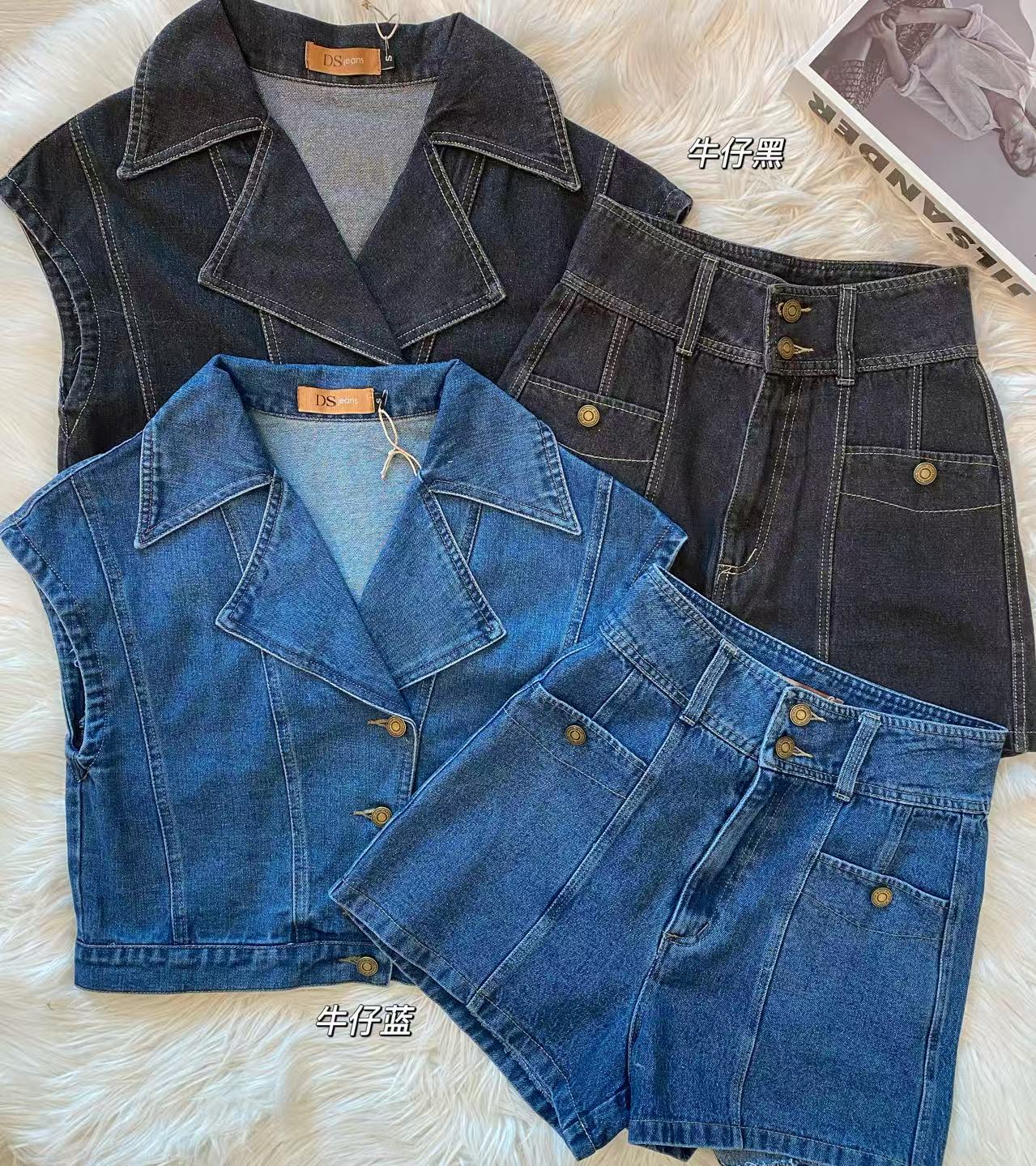 美式牛仔翻领无袖套装｜显瘦时尚两件套❤️ 